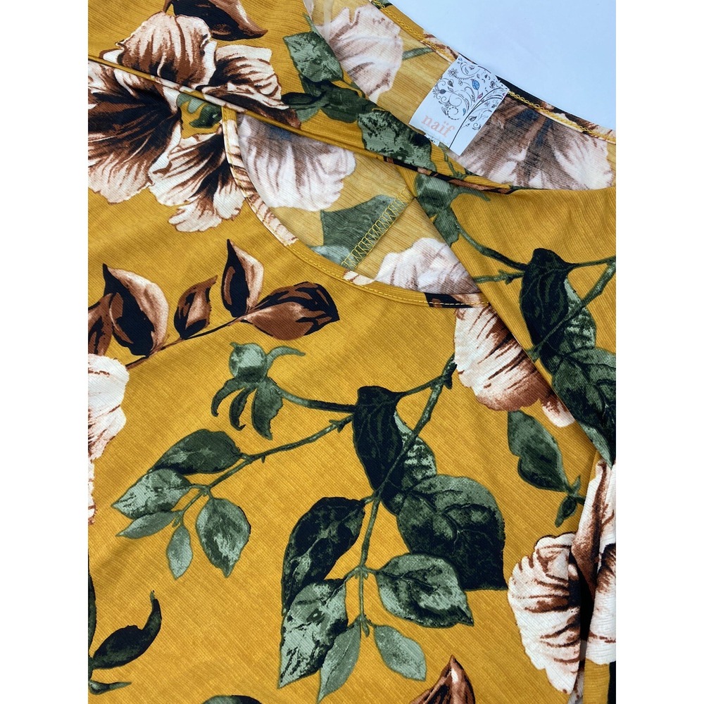 Naif Women's Plus 3X Yellow Floral 3/4 Belle Sleeve Pullover‎ Stretch Top